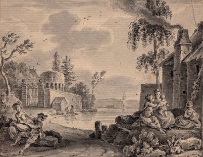 Atelier de Nicolas-Marie OZANNE (Brest 1728-Paris 1811) Scène galante dans un paysage
Plume...