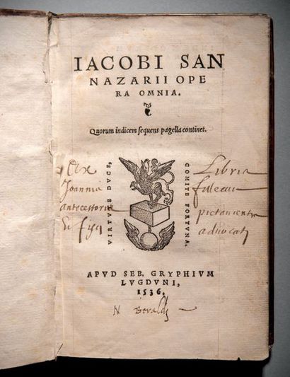 SANNAZARO, JACOPO Opera omnia quorum indicem sequens pagella continet Lyon, Sébastien...