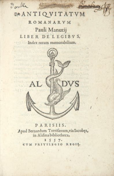 MANUCE (Paul) Antiquitatum romanarum. Liber de legibus. Paris, Bernardo Torresano,...