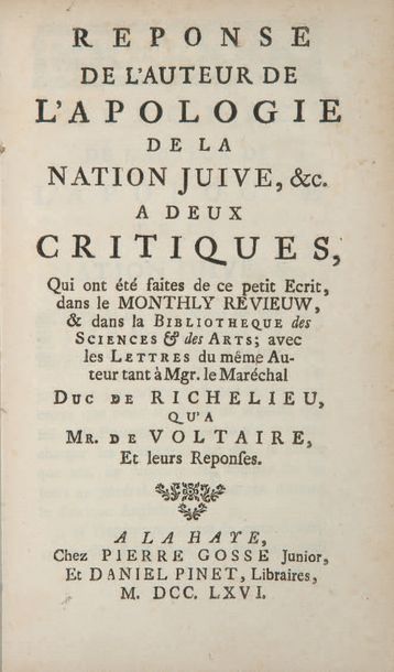 PINTO (Isaac de) Essai sur le Luxe. Paris, s.n. [J. Lambert], 1762. - Apologie pour...