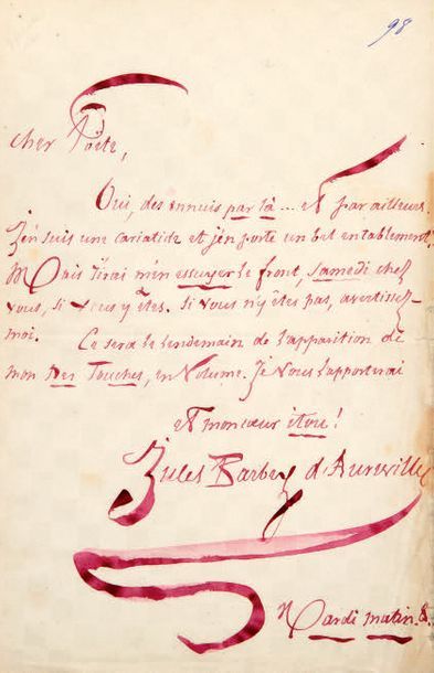 BARBEY D'AUREVILLY (Jules). Lettre autographe signée à Théodore de Banville, datée...