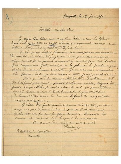 RIMBAUD (Arthur). Lettre autographe à sa soeur Isabelle, signée Rimbaud, datée Marseille...