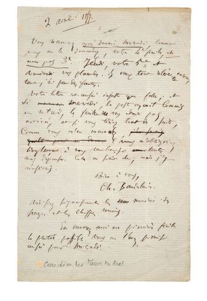 BAUDELAIRE (Charles). Lettre autographe signée à Auguste Poulet-Malassis, [30 mars...