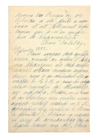 TOLSTOÏ (Léon). Lettre autographe à E. Halpérine-Kaminsky, signée deux fois, datée...