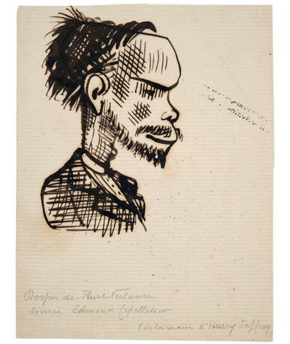 VERLAINE (Paul). Autoportrait à la plume. Dessin original non signé, [vers 1868?]....