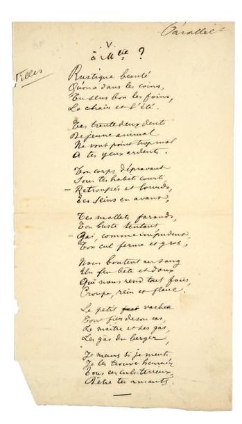 VERLAINE (Paul). À M[ademoise]lle? Poème autographe, 1 page in-8 (200 x 114 mm),...