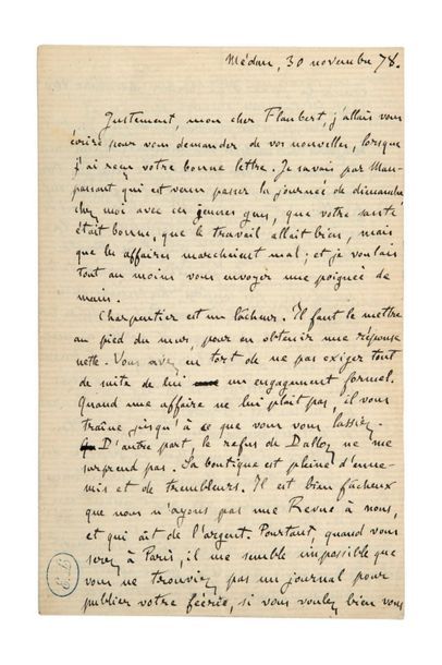 ZOLA (Emile). Lettre autographe à Gustave Flaubert, signée émile Zola, datée Médan,...