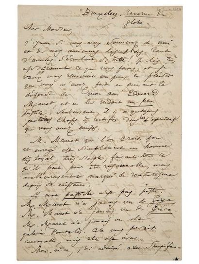 BAUDELAIRE (Charles). Lettre autographe signée à Théophile Thoré, Bruxelles, Taverne...