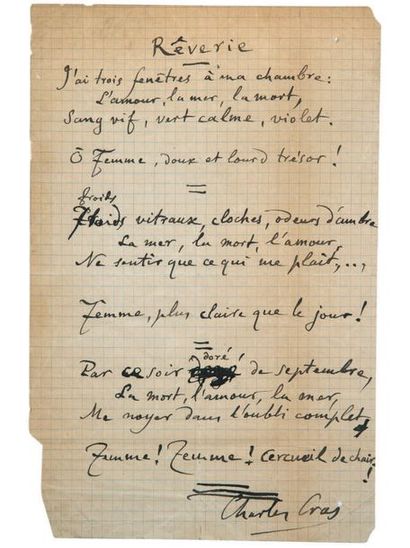 CROS (Charles). Rêverie. Poème autographe signé (ratures et corrections), s. d. [1886]....