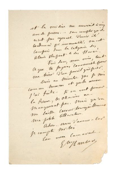 FLAUBERT (Gustave). Lettre autographe signée à Edmond Pagnerre, datée 1er Janvier...