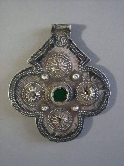 null Pendentif amulette foulet khamsa, Maroc Argent, pâte de verre L. 9,5 cm Poids...