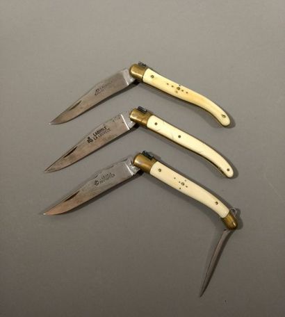 null 
LAGUIOLE - Ensemble de trois couteaux :
- MASSOPTIER - Manche ivoire, double...