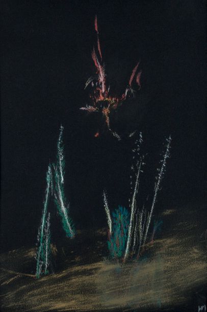 MICHAUX Henri Gouache et pastel sur fond noir signée.
Circa 1937-1939. 26 x 17 cm,...