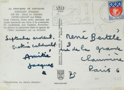 PRÉVERT Jacques Collage original sur carte postale autographe signée. Détail du Calvaire...