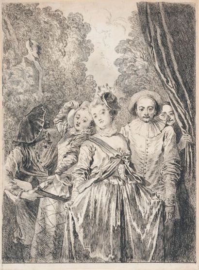 Antoine WATTEAU (1684-1721) La Troupe italienne Eau-forte par François Boucher. Très...