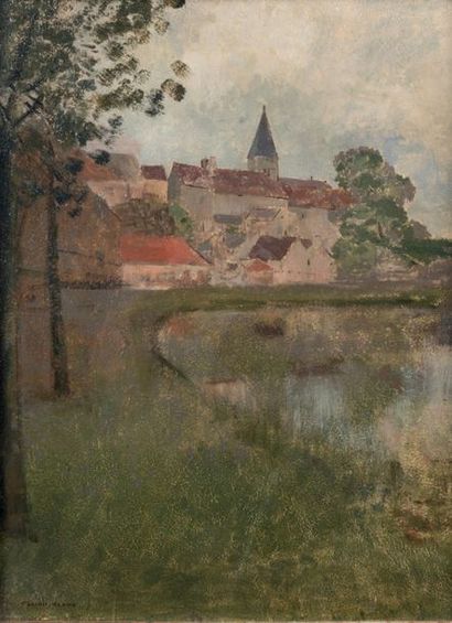 Odilon REDON (1840-1916) Village surplombant un lac «Miroir azuré des lacs» (Gérard...