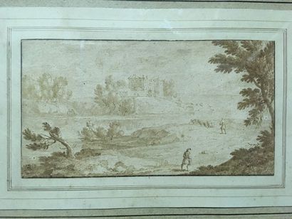 null ÉCOLE FRANÇAISE DU XVIIIe SIÈCLE Paysage animé Plume et encre brune 9,5 x 17,5...