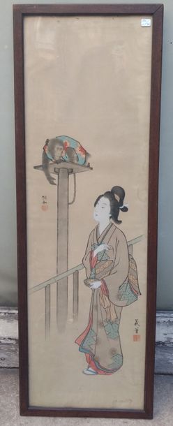 null JAPON Deux peintures : - Femme au singe 100 x 30,5 cm à vue - Deux hommes 103...