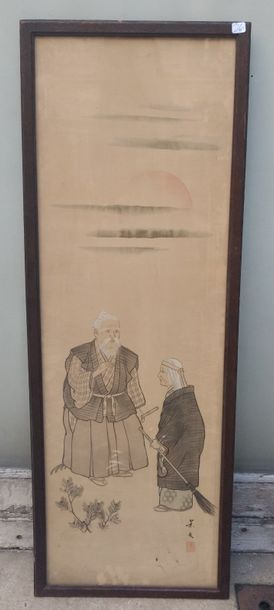 null JAPON Deux peintures : - Femme au singe 100 x 30,5 cm à vue - Deux hommes 103...