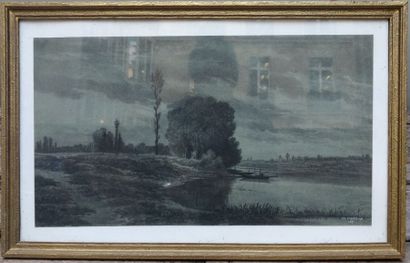 null ALFRED-JOSEPH DANNEQUIN (mort en 1890) Paysage nocture au bord de l eau Pierre...