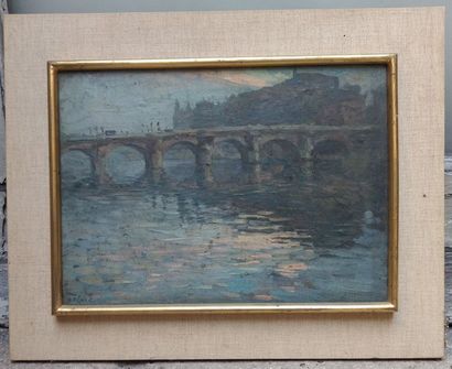 null HENRI-BERNARD CALVET (1868-1950) Vue du Pont Neuf depuis le quai du Louvre Huile...