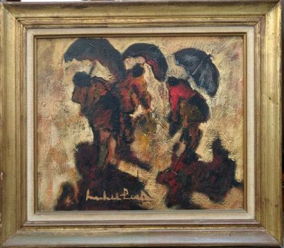null Michel PIEL (1930) Les femmes aux parapluies Huile sur toile 55 x 46 cm Signée...