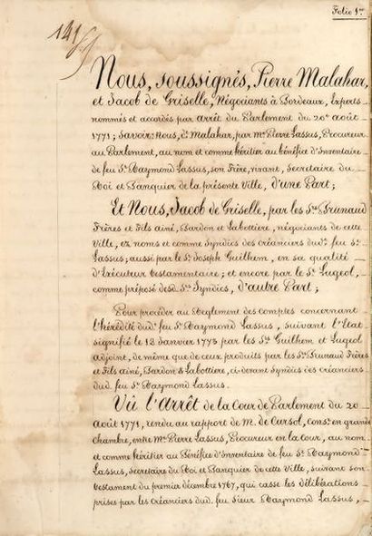 null MANUSCRIT. - [BORDEAUX]. Inventaire de feu M. Raymond Lassus, secrétaire du...