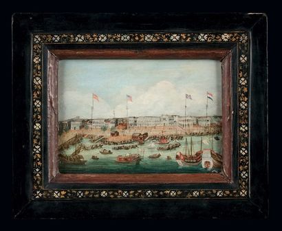 ÉCOLE ANGLAISE vers 1800 Les factories et le port de Canton animé de bateaux, personnages...