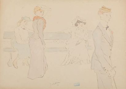 Jules PASCIN (1885-1930) Dandy et femmes au parc
Vers 1910-1912
Aquarelle sur papier
Signée...