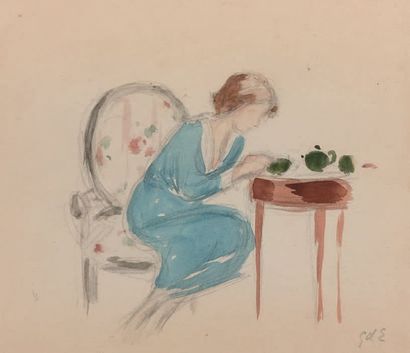 Georges D'ESPAGNAT (1870-1950) L'heure du thé
Aquarelle sur papier signée en bas...