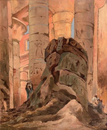 Georges CLAIRIN (1843-1919) L'intérieur du Grand Temple de Karnak animé de personnages
Huile...