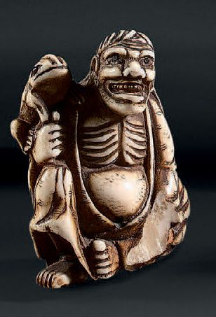 JAPON - Époque EDO (1603-1868) Netsuke en dent d'hippopotame (pré-convention), danseur...