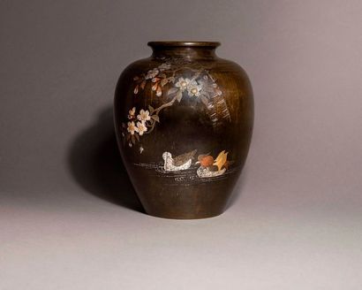 JAPON - Epoque MEIJI (1868-1912) Vase de forme globulaire en bronze à patine brune...