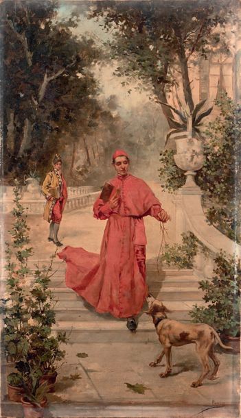 Ecole Française vers 1900 Homme d'église jouant avec un chien
Sur sa toile d'origine
Porte...