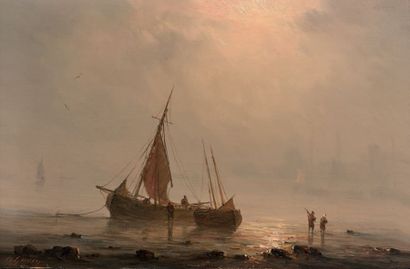 HENRIETTE GUDIN (Paris 1825 - 1892) Bateaux de pêche sur une côte
Panneau d'acajou,...