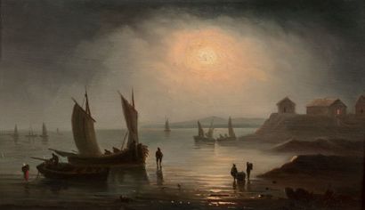 Theodore GUDIN (Paris 1802 - Boulogne Billancourt 1880) Bateaux au clair de lune
Panneau...