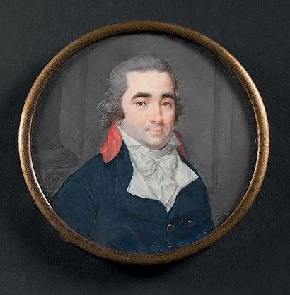 AUGUSTIN DUBOURG (1758-1800) Portrait d'homme à la redingote bleue et col rouge dans...