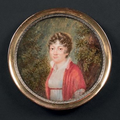 Charles CIOR (1769-1840) Portrait de jeune femme en robe blanche et écharpe rouge...