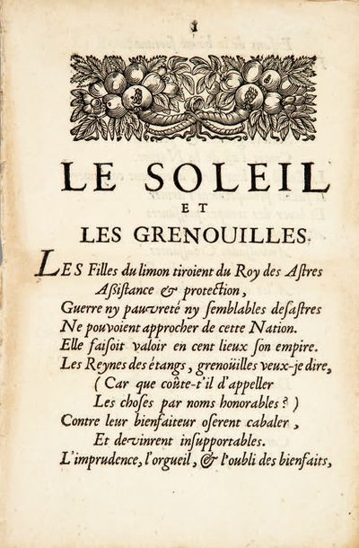 null Le Soleil et les grenouilles. Paris, F. Muguet, 1672. Une pièce in-8 de 3 pages,...