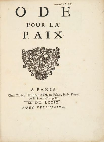  Ode pour la paix. Paris, Claude Barbin, 1679. In-4, maroquin rouge, janséniste,...