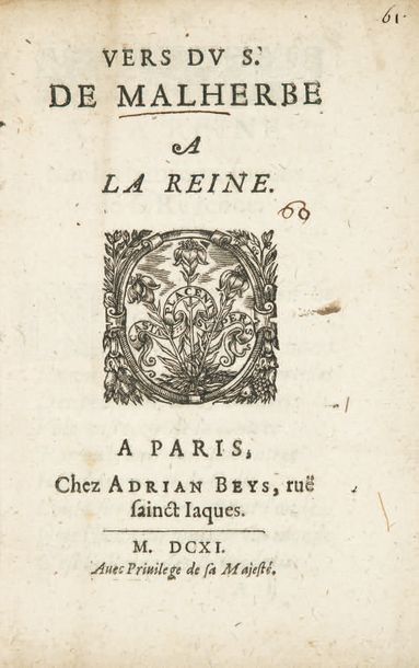 MALHERBE 1555-1628 Vers à la reine. Paris, Adrian Beys, 1611. In-8, maroquin rouge,...