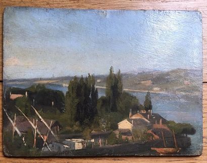 École du XIXe siècle Paysage au bord de l'eau
Huile sur carton 11,5 x 15,5 cm