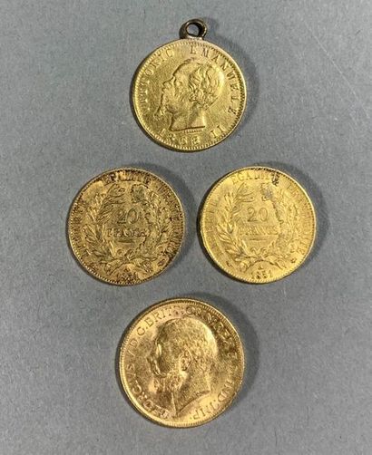 null Ensemble de 4 pièces d'or
- 2 pièces de 20F or Cérès de 1851
- 1 souverain or...