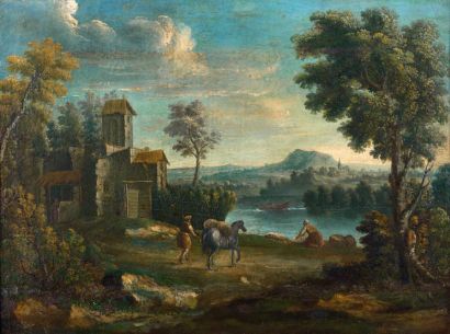 ECOLE FLAMANDE DU XVIIIE SIÈCLE Paysage avec une lavandière Huile sur toile 54 x...