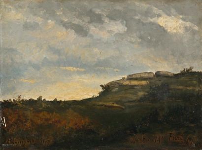 HENRI-JOSEPH HARPIGNIES (1819-1916) Paysage, soleil levant Huile sur panneau d'acajou...