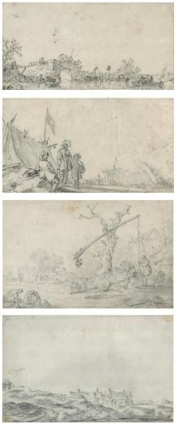 JAN VAN GOYEN (1595-1665) Ensemble de quatre dessins à la pierre noire dans un même...
