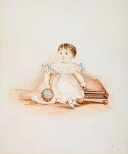 S.THOMSON (actif au XIXe siècle) Fillette à La Croix
Lavis et aquarelle, signée en...