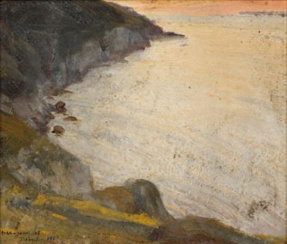 PAUL CHARAVEL Falaise sur la mer Huile sur toile Signée et située en bas à gauche...