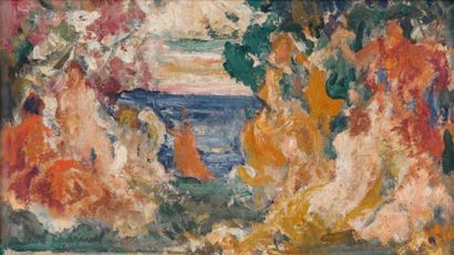 PAUL CHARAVEL Femmes au bord de mer Huile sur toile Signée en bas à gauche 12,5 x...