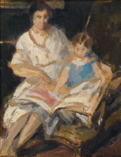PAUL CHARAVEL Femme faisant la lecture à un enfant Huile sur toile Signée en bas...